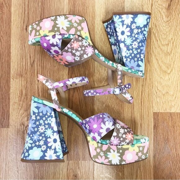 GIANNI BINI Ulti-Mate 70s Floral‎ Platform Sandals Strappy Chunky Heel Size 8.5 - Picture 9 of 12